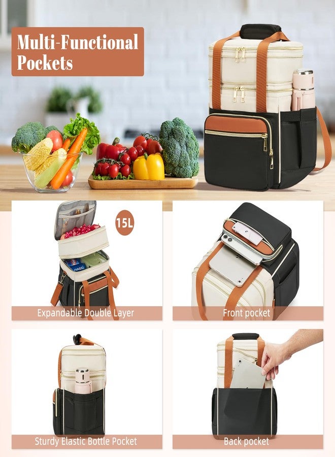 holuxer Insulated Lunch Bag & Lunch Box for Women - Double Deck Reusable Lunch Bag for men Tote Cooler Bag Leakproof Soft Expandable - Large Lunchbox for Work/Adult/Picnic/Outdoor (Coffee Black，15L) - Image 3