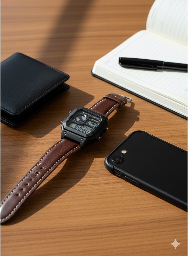 Macon Men’s Digital Sports Watch, Black Square Dial, Brown Leather Strap, Alarm, Stopwatch, Waterproof	,long battery life - Image 5