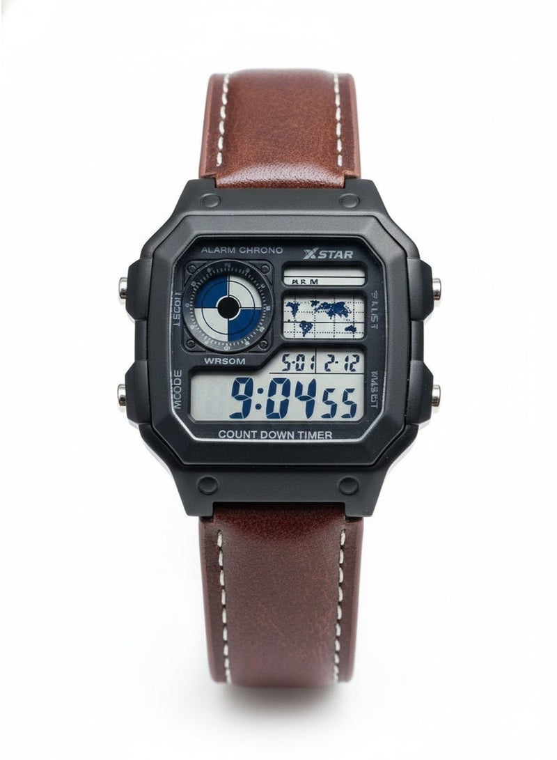 Macon Men’s Digital Sports Watch, Black Square Dial, Brown Leather Strap, Alarm, Stopwatch, Waterproof	,long battery life - Image 2