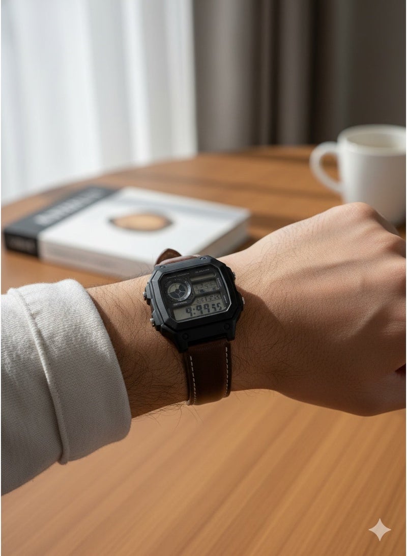 Macon Men’s Digital Sports Watch, Black Square Dial, Brown Leather Strap, Alarm, Stopwatch, Waterproof	,long battery life - Image 3