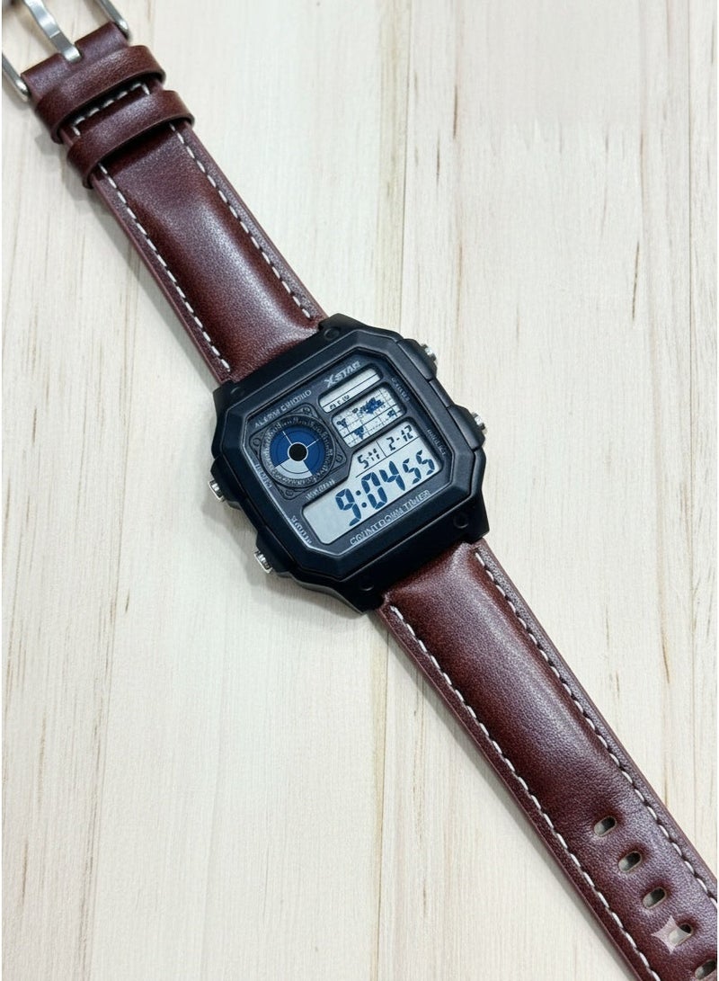 Macon Men’s Digital Sports Watch, Black Square Dial, Brown Leather Strap, Alarm, Stopwatch, Waterproof	,long battery life - Image 1