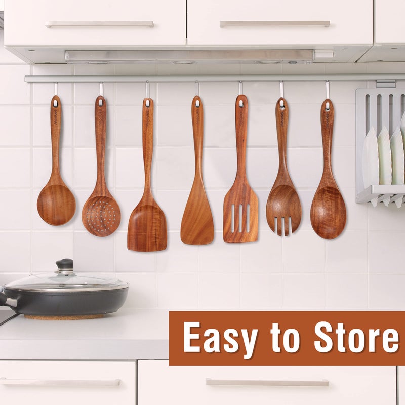Mooues 9 Piece Natural Teak Wooden Kitchen Utensil Set with Spoon Rest - Comfort Grip Cooking Spoons and Utensils Holder - Image 4