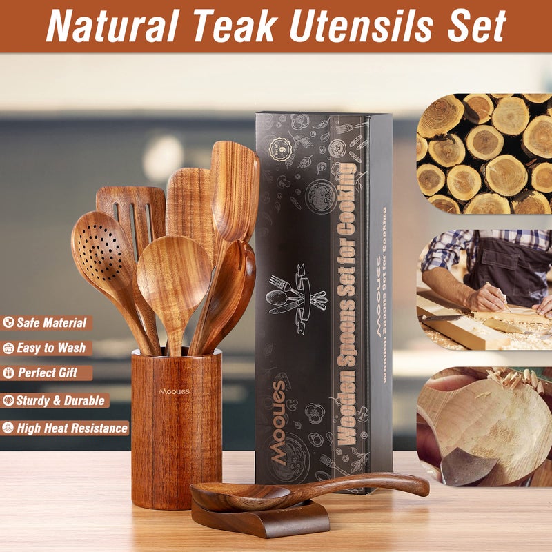 Mooues 9 Piece Natural Teak Wooden Kitchen Utensil Set with Spoon Rest - Comfort Grip Cooking Spoons and Utensils Holder - Image 3