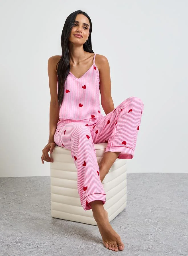 Take Two Red Heart Striped Print Cami and Pyjama Set