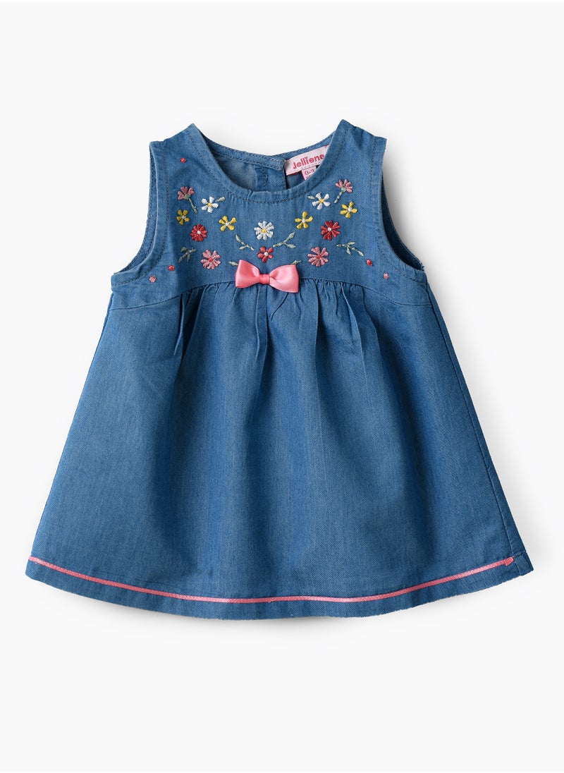 Jelliene Girls Blue Embroidered Denim Dress With Bow  - Image 1