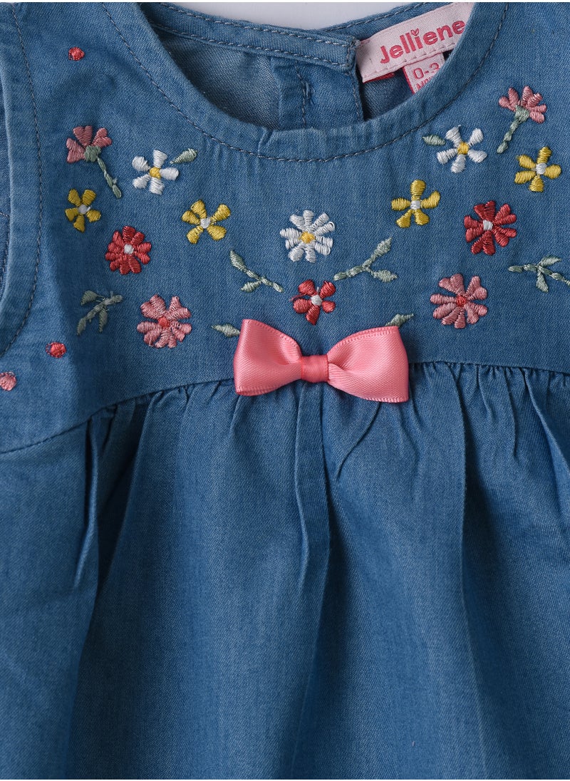 Jelliene Girls Blue Embroidered Denim Dress With Bow  - Image 3
