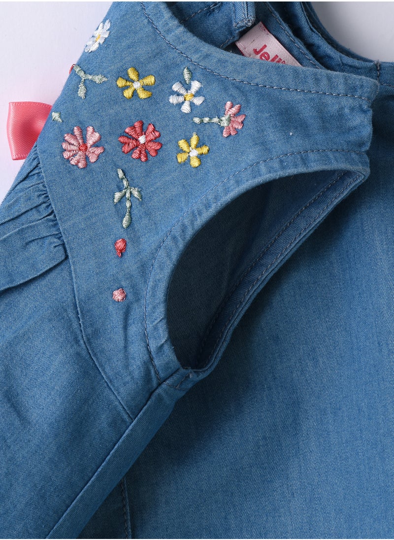 Jelliene Girls Blue Embroidered Denim Dress With Bow  - Image 4