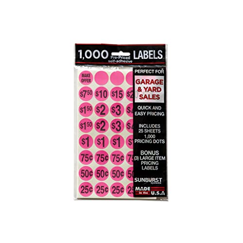 Sunburst Systems 7035 Priced Garage Sale Stickers 1000 Count PrePrinted Labels Pink