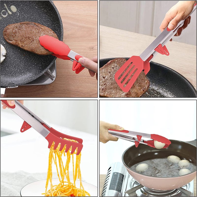 PLENARO Set of 3 Stainless Steel Food Tongs with Silicone Tips, 3 Types Heavy Duty Non-Stick Clamp Clip for Kitchen BBQ Cooking Grilling Buffet Noodles Salad Steak (RED) - Image 4