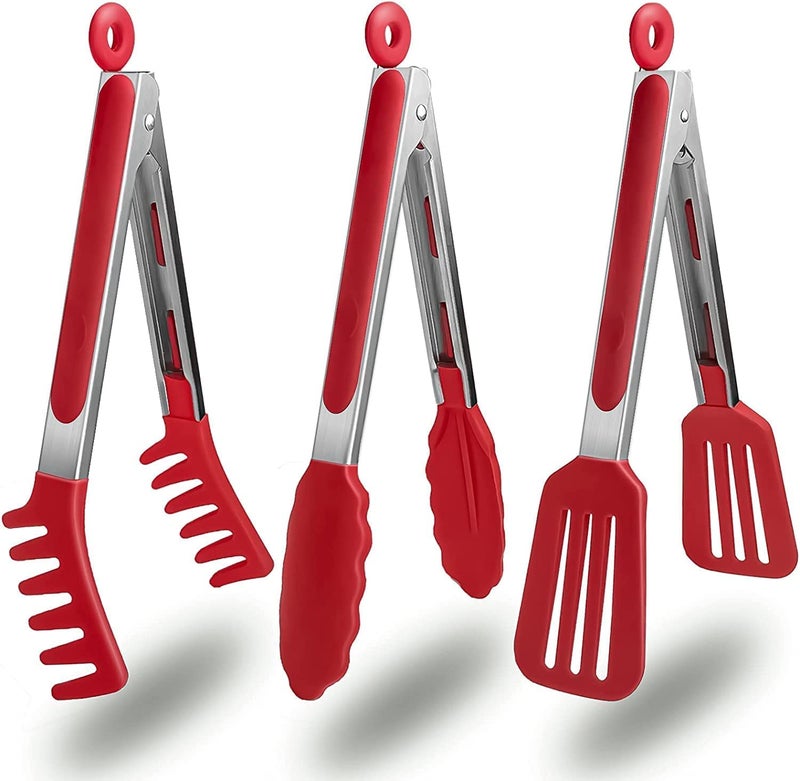 PLENARO Set of 3 Stainless Steel Food Tongs with Silicone Tips, 3 Types Heavy Duty Non-Stick Clamp Clip for Kitchen BBQ Cooking Grilling Buffet Noodles Salad Steak (RED) - Image 1