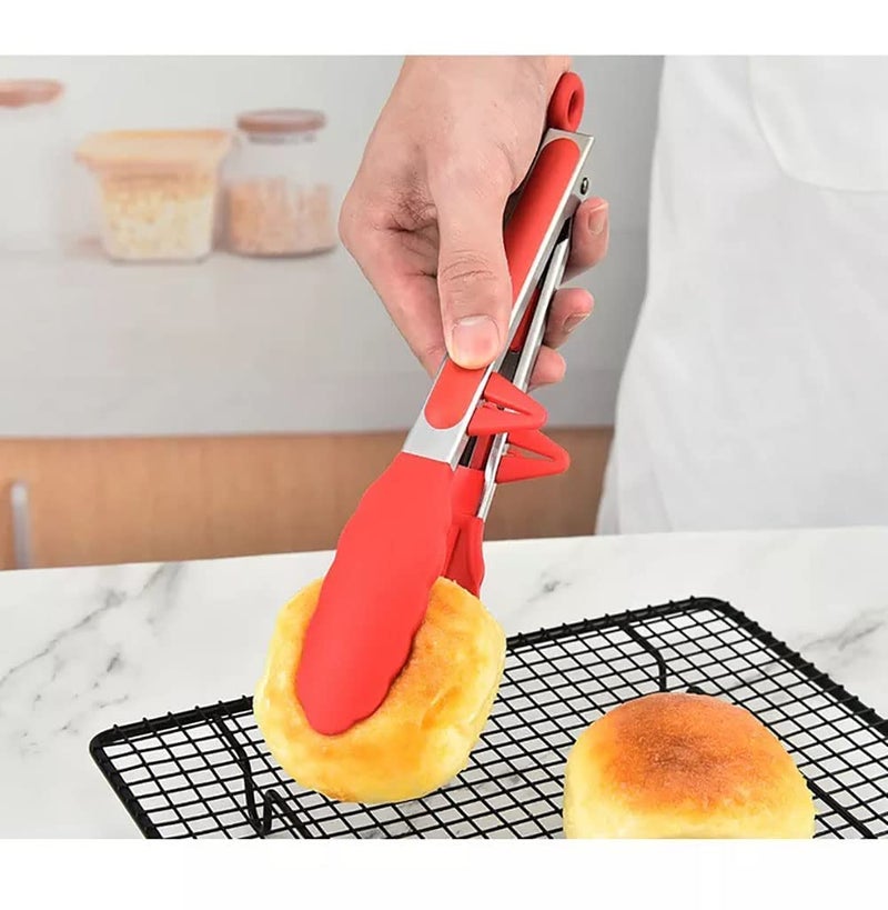 PLENARO Set of 3 Stainless Steel Food Tongs with Silicone Tips, 3 Types Heavy Duty Non-Stick Clamp Clip for Kitchen BBQ Cooking Grilling Buffet Noodles Salad Steak (RED) - Image 2