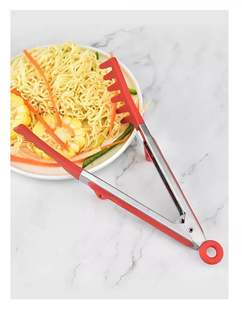 PLENARO Set of 3 Stainless Steel Food Tongs with Silicone Tips, 3 Types Heavy Duty Non-Stick Clamp Clip for Kitchen BBQ Cooking Grilling Buffet Noodles Salad Steak (RED) - Image 3