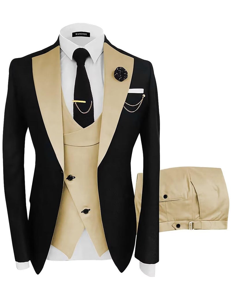 Wangyue Mens Suits Black Champagne Tuxedo Mens 3 Piece Suit Slim Fit Tuxedo for Men Prom Wedding Suits Groomsman Dinner Party,L - Image 1