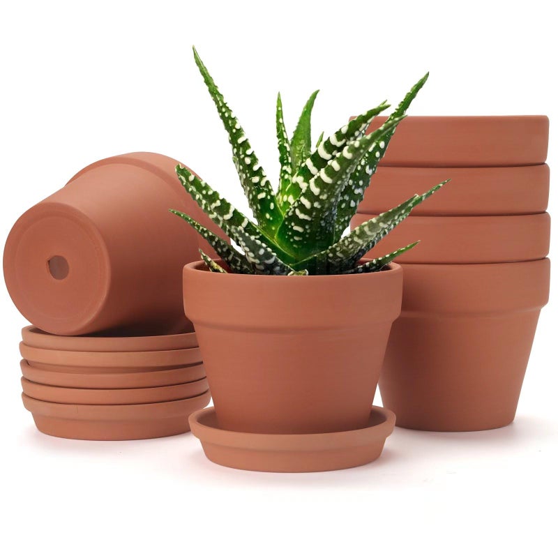 KOAMLY 6 PCS Clay pots and Plates 5inch red Clay pots with Drainage Perfect for Indoor windowsill and Garden Plants