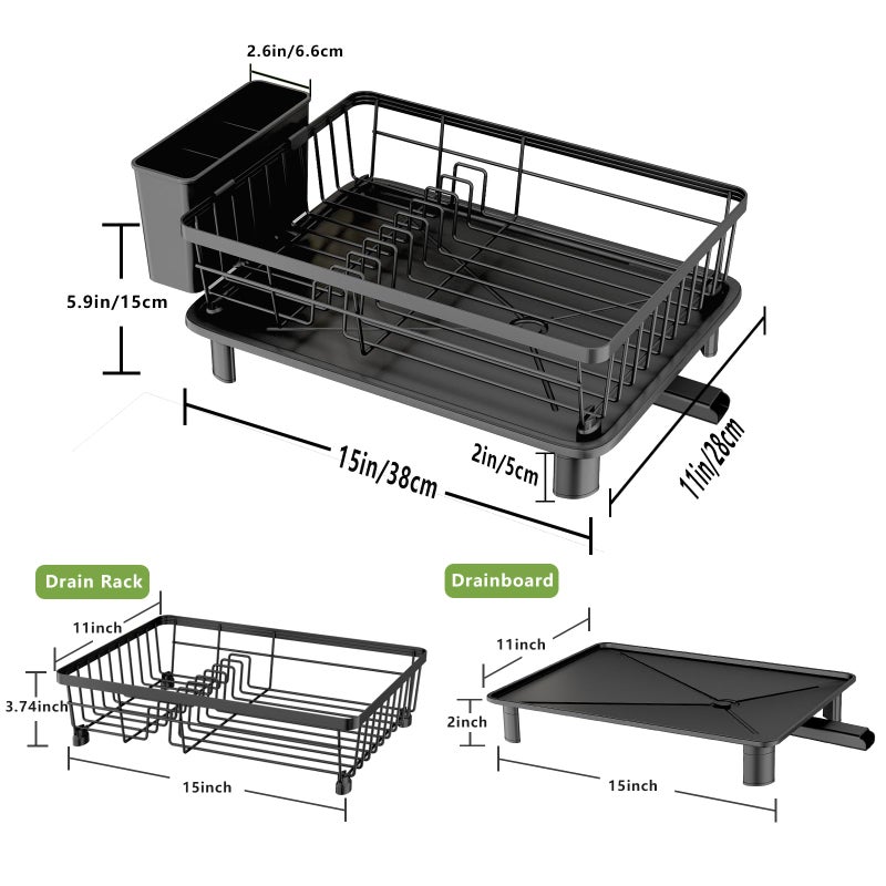 GHERISN Dish Drainer Rack with Drip Tray, Sink Dish Drainer with Drainage Spout, Stainless Steel Dish Drying Rack with Cups, Utensil & Cutting Board Holders for Kitchen Counter Space-Saving, Black - Image 2