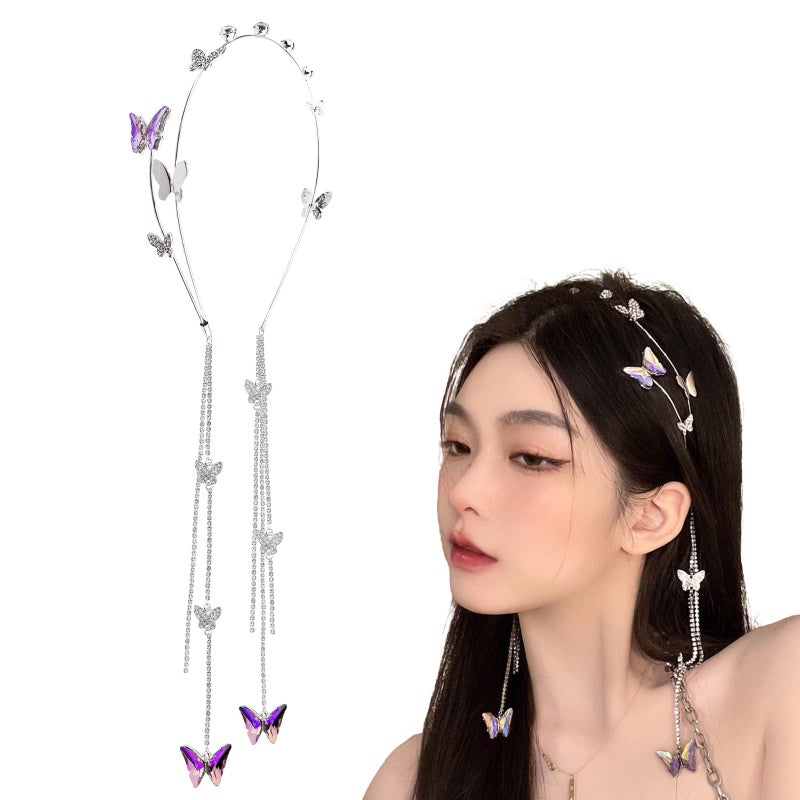 DonLeeving Silver Wedding Butterfly Headband Crystal Tassel Headband for Women Sparkly Rhinestone Fake Earrings Hair Chain Hairhoop Hair Accessories for Women and Girls
