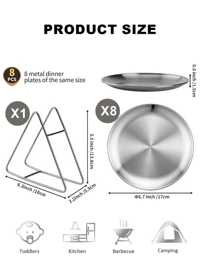 HomarKet 8-Piece Dessert Plates With Rack,6.7-Inch Appetizer Plate Set,Silver Stainless Steel Round Plates Suitable For Food Serving,Cakes Desserts,Salads,Dips,snacks,Side dishes - Image 2