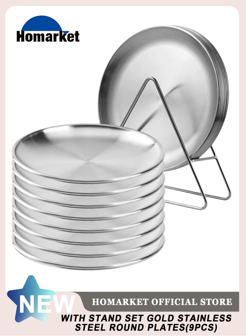 HomarKet 8-Piece Dessert Plates With Rack,6.7-Inch Appetizer Plate Set,Silver Stainless Steel Round Plates Suitable For Food Serving,Cakes Desserts,Salads,Dips,snacks,Side dishes - Image 1