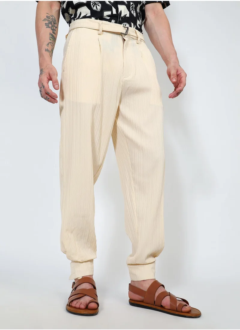 Campus Sutra Men's Pale Yellow Textured Cuff-Hem Trousers