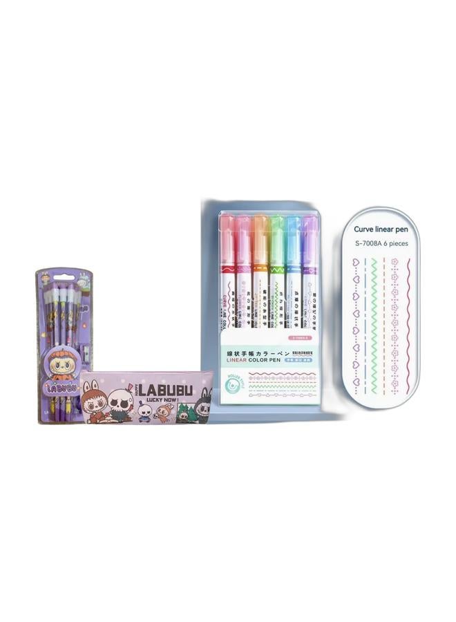 لابوبو مقلمة كرتونية للأطفال من لابوبو، تتضمن 12 قلم رصاص مع مبراة ومقبض تصحيح، بالإضافة إلى مجموعة أقلام تظليل متعددة الألوان (6 أقلام) للرسم والتخطيط والتزيين. - Image 1