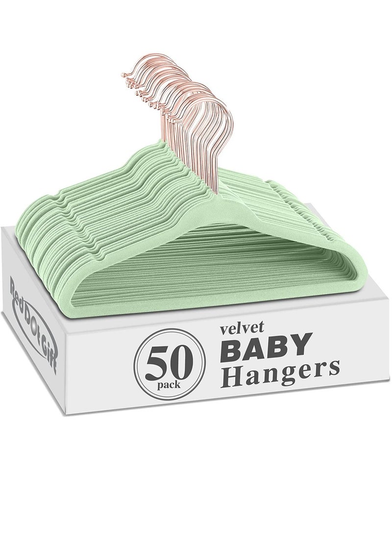 Red Dot Gift 50-Pack Light Green Color Baby Velvet Hangers 11Inch - Nursery Clothes Hangers Non Slip Toddler Hangers, 360 Chrome Rose-Gold Hook. - Image 1