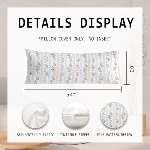 PIUD Grandmillennial Floral 20x54 Body Pillow Cover, Cottagecore Room Decor, Grand Millenial Decor, Pink and Blue Elegant Flower Decorative Long Body Pillow Cases for Bed Couch - Image 2