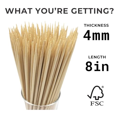 Homepixi 8 Inch [4mm Thick, 100pcs] Premium Bamboo Skewers, Professional BBQ Wooden Sticks for Grilling Kebab, Tandoori, Paneer Tikka, Party Appetizers, Crafts, Fruits - Image 3