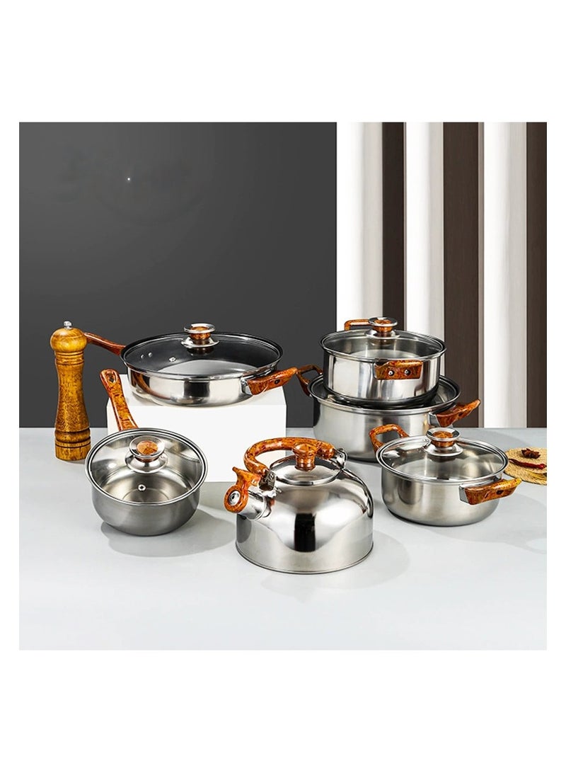 مجموعة أواني طهي من الفولاذ المقاوم للصدأ مكونة من 12 قطعة - أواني ومقالي غير لاصقة، خالية من حمض بيرفلورو الأوكتانويك (PFOA)، تتضمن مقلاة، طاجن مع غطاء، قدر، مقلاة شواء، وأدوات مطبخ - Image 1