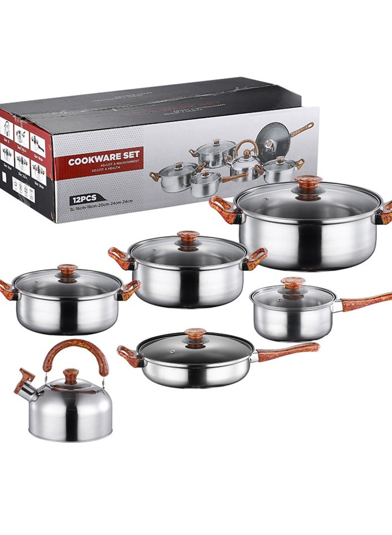 مجموعة أواني طهي من الفولاذ المقاوم للصدأ مكونة من 12 قطعة - أواني ومقالي غير لاصقة، خالية من حمض بيرفلورو الأوكتانويك (PFOA)، تتضمن مقلاة، طاجن مع غطاء، قدر، مقلاة شواء، وأدوات مطبخ - Image 4