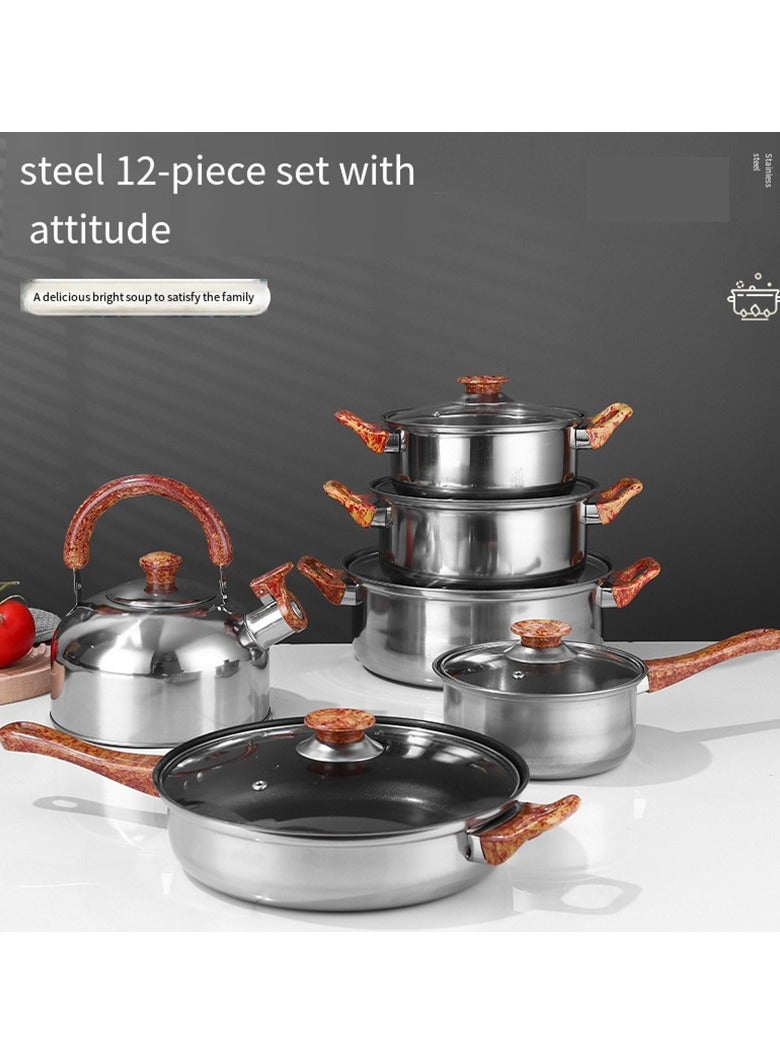 مجموعة أواني طهي من الفولاذ المقاوم للصدأ مكونة من 12 قطعة - أواني ومقالي غير لاصقة، خالية من حمض بيرفلورو الأوكتانويك (PFOA)، تتضمن مقلاة، طاجن مع غطاء، قدر، مقلاة شواء، وأدوات مطبخ - Image 5
