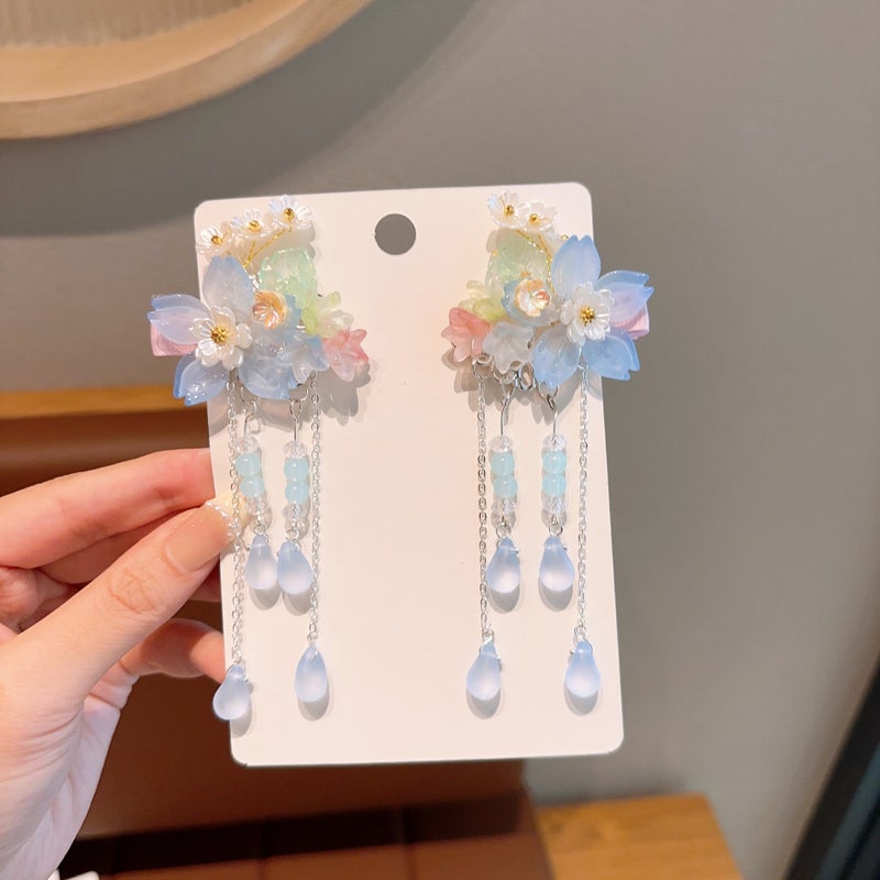 Generic New Antique Childrens Hairpin Hanfu Ancient Clothes Hair Accessories Cute Girls Tassel Flower Hairpin Little Girls Super Fairy Clip 06# blue flower tassel clip