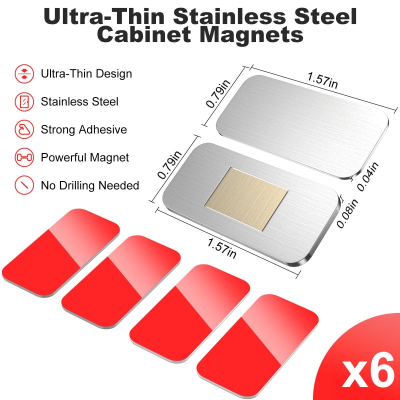 PHIXBEAR 6-Pack No-Drill Invisible Magnetic Cabinet Catches, Stainless Steel with Strong Adhesive - for Kitchen, Bathroom & Closet Drawers - Image 3