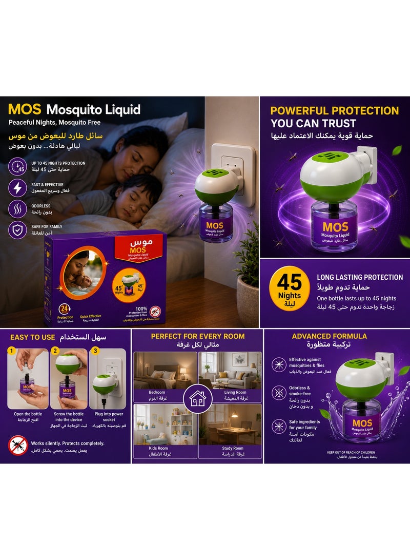 MOS Electric Mosquito Repellent Liquid | Plug-in Diffuser | 45 Nights Protection | Odorless & Safe for Home | Anti-Mosquito Device - Image 3