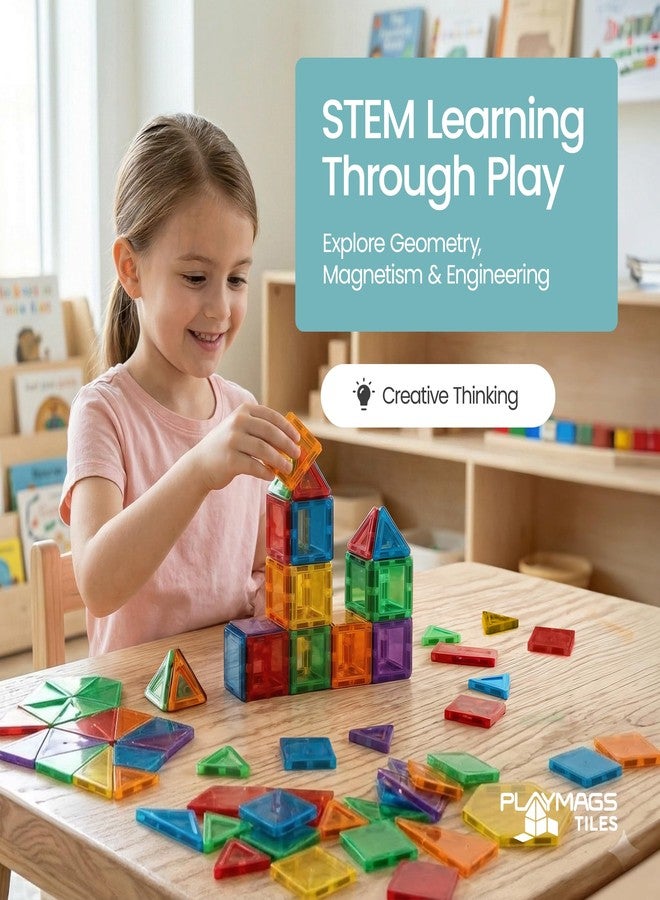 Playmags Mini Magnetic Tiles for Kids 100-Piece Set | Travel Magnetic Blocks | STEM Sensory Educational Toys | Portable Toddler Building Toys | Gift for Boys & Girls Ages 3 - Image 4