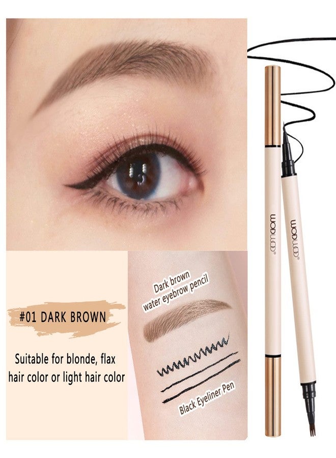 Vtrem 2 In 1 Double-Headed Microblade Eyebrow Pen + Black Liquid Eyeliner Pen Pencil Waterproof Microblading Eyebrow Pen Eye Brow Pencil Eye Liner Long Lasting Stay All Day (#01 Light Brown) - Image 3