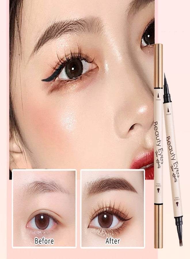 Vtrem 2 In 1 Double-Headed Microblade Eyebrow Pen + Black Liquid Eyeliner Pen Pencil Waterproof Microblading Eyebrow Pen Eye Brow Pencil Eye Liner Long Lasting Stay All Day (#01 Light Brown) - Image 2