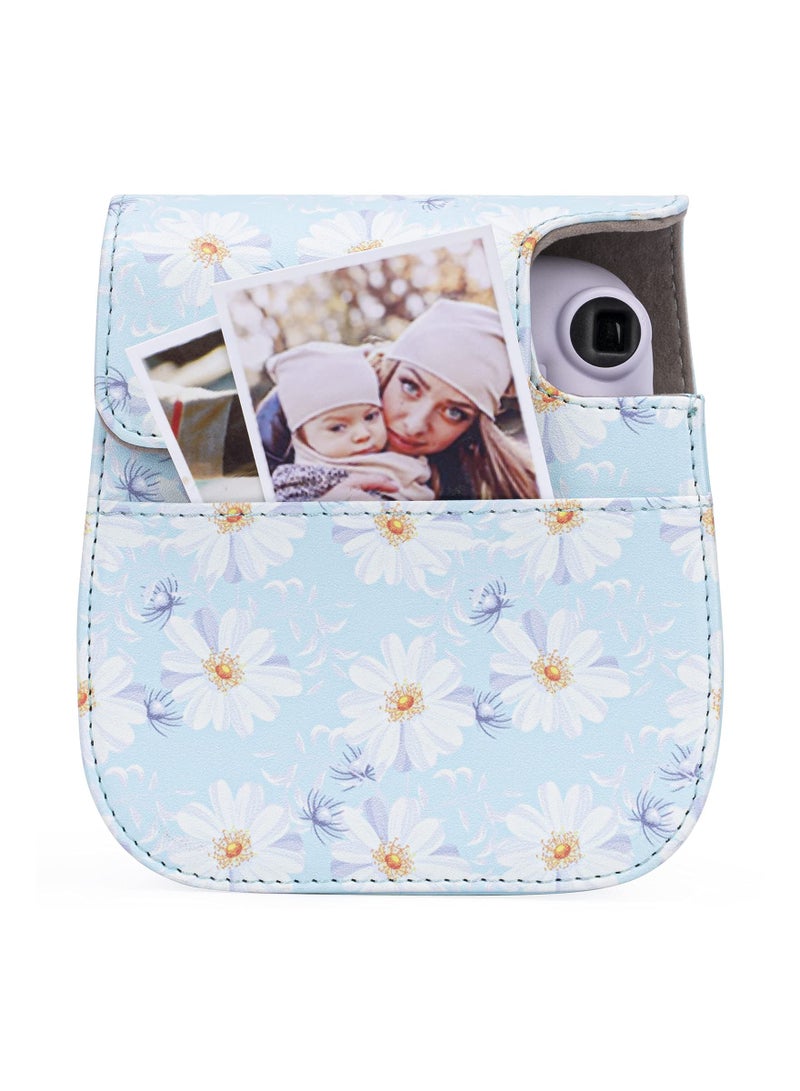SOLARAE Protective and Portable Case for Fujifilm Instax Mini 11/9/8/8+ Instant Film Camera, Featuring Accessory Pocket and Adjustable Strap in Light Blue Floral Design. - Image 5