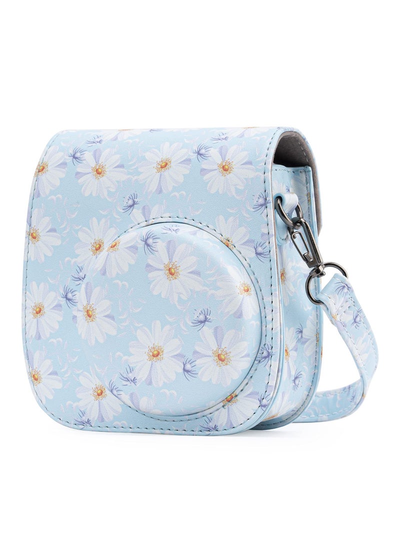 SOLARAE Protective and Portable Case for Fujifilm Instax Mini 11/9/8/8+ Instant Film Camera, Featuring Accessory Pocket and Adjustable Strap in Light Blue Floral Design. - Image 1