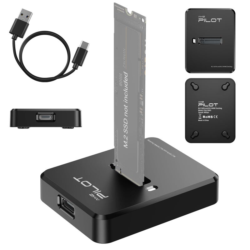 AMZPILOT M.2 NVMe & SATA to USB C Docking Station, M.2 SSD to USB A C Reader Adapter for Both M.2 (M Key, B+M Key) NVMe and SATA NGFF SSD Dock, Size for 2280 2260 2242 2230 22110 Enclosure - Plastic - Image 1