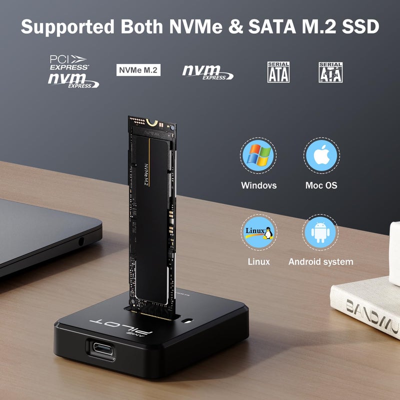 AMZPILOT M.2 NVMe & SATA to USB C Docking Station, M.2 SSD to USB A C Reader Adapter for Both M.2 (M Key, B+M Key) NVMe and SATA NGFF SSD Dock, Size for 2280 2260 2242 2230 22110 Enclosure - Plastic - Image 2