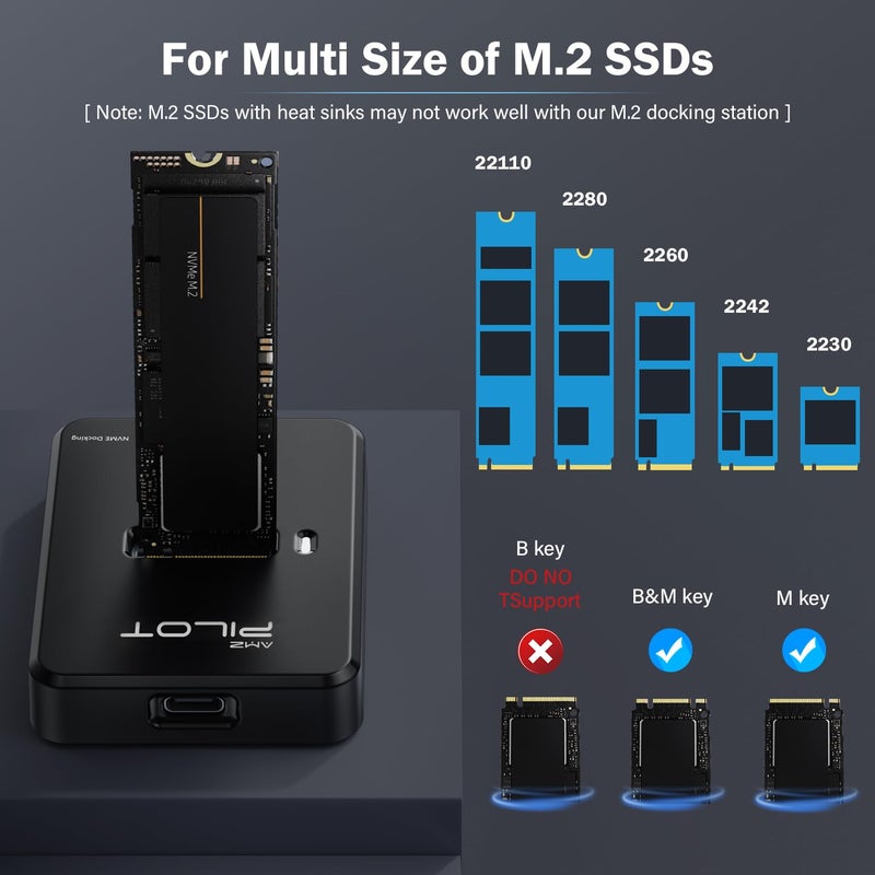 AMZPILOT M.2 NVMe & SATA to USB C Docking Station, M.2 SSD to USB A C Reader Adapter for Both M.2 (M Key, B+M Key) NVMe and SATA NGFF SSD Dock, Size for 2280 2260 2242 2230 22110 Enclosure - Plastic - Image 3