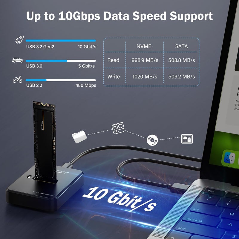 AMZPILOT M.2 NVMe & SATA to USB C Docking Station, M.2 SSD to USB A C Reader Adapter for Both M.2 (M Key, B+M Key) NVMe and SATA NGFF SSD Dock, Size for 2280 2260 2242 2230 22110 Enclosure - Plastic - Image 4