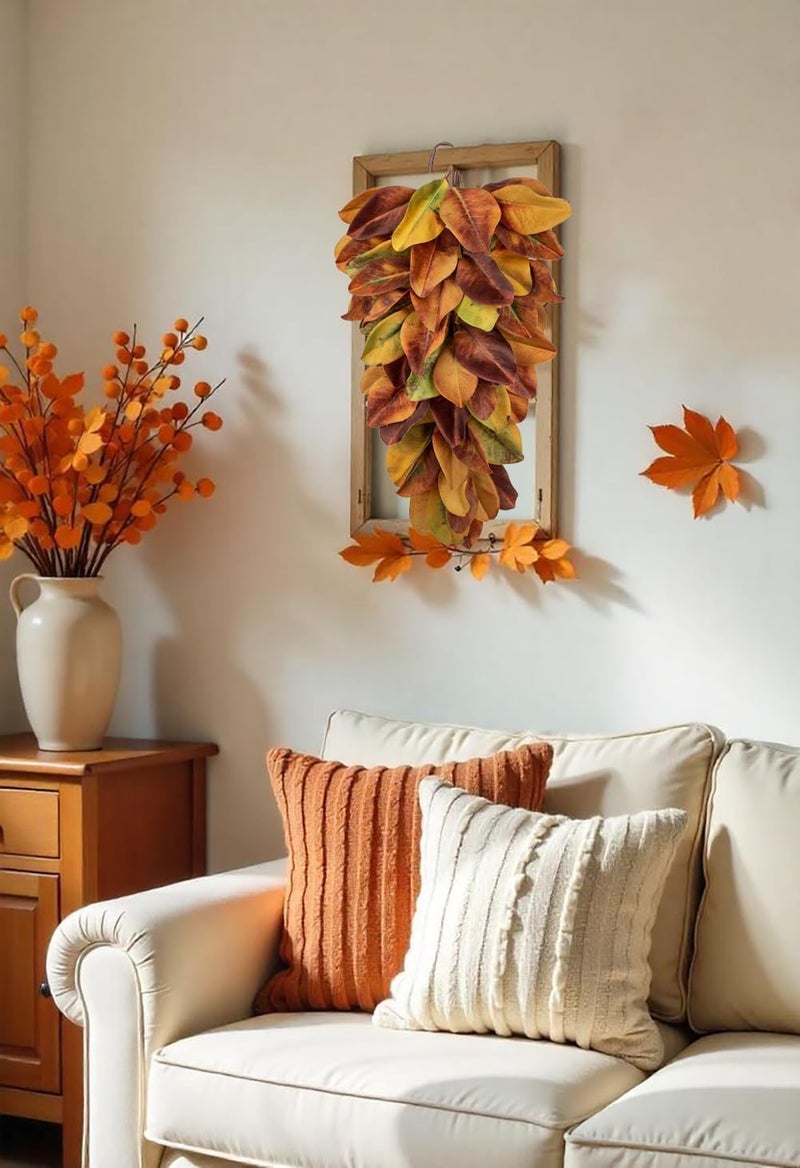 Arborus Autumn Foliage Teardrop Swag for Front Door – 27" Artificial Magnolia Leaf Garland Hanging Decoration – Fall Door, Thanksgiving Mantel & Wall Décor - Image 5