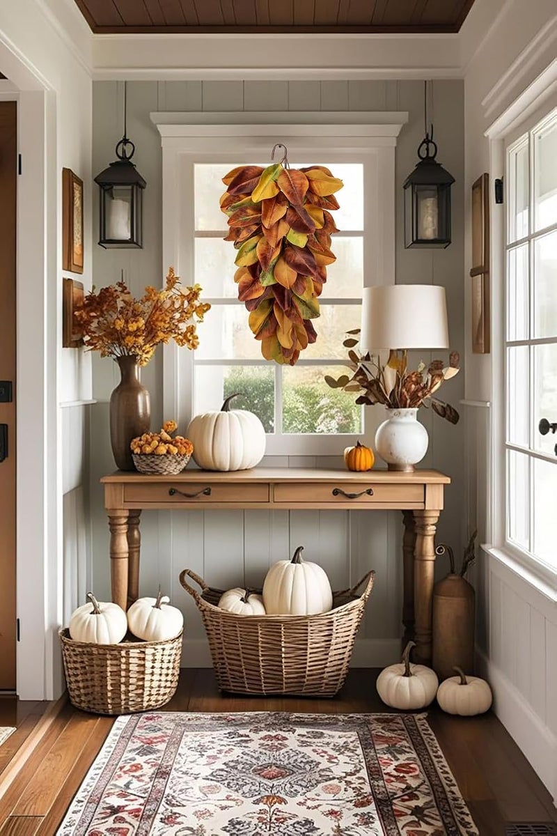Arborus Autumn Foliage Teardrop Swag for Front Door – 27" Artificial Magnolia Leaf Garland Hanging Decoration – Fall Door, Thanksgiving Mantel & Wall Décor - Image 4