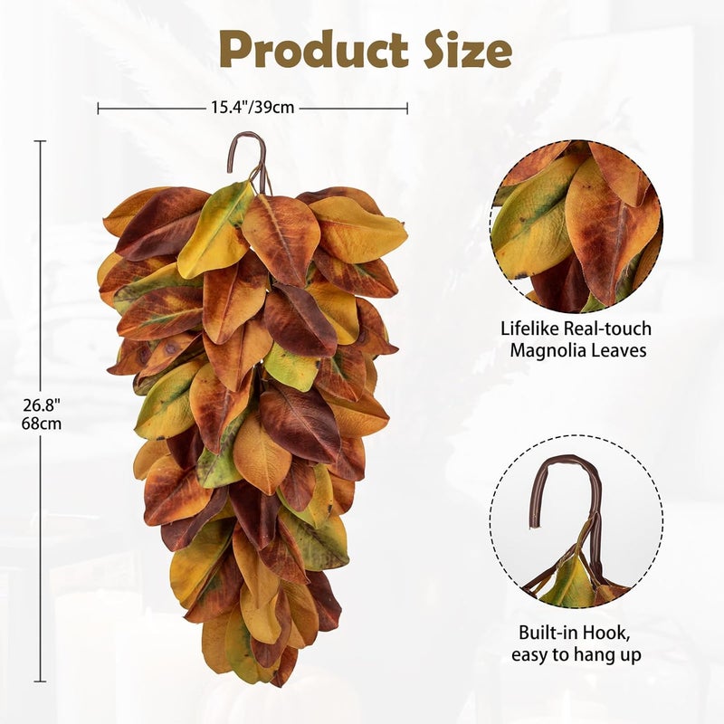 Arborus Autumn Foliage Teardrop Swag for Front Door – 27" Artificial Magnolia Leaf Garland Hanging Decoration – Fall Door, Thanksgiving Mantel & Wall Décor - Image 2