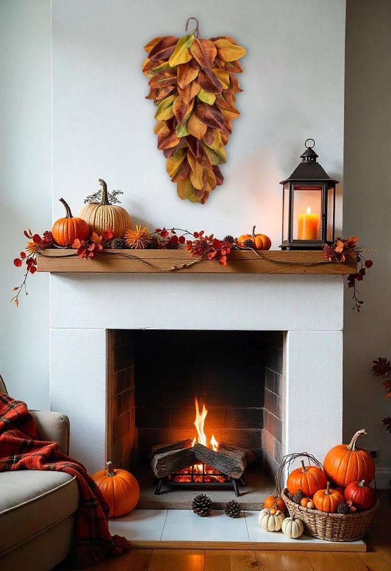Arborus Autumn Foliage Teardrop Swag for Front Door – 27" Artificial Magnolia Leaf Garland Hanging Decoration – Fall Door, Thanksgiving Mantel & Wall Décor - Image 3