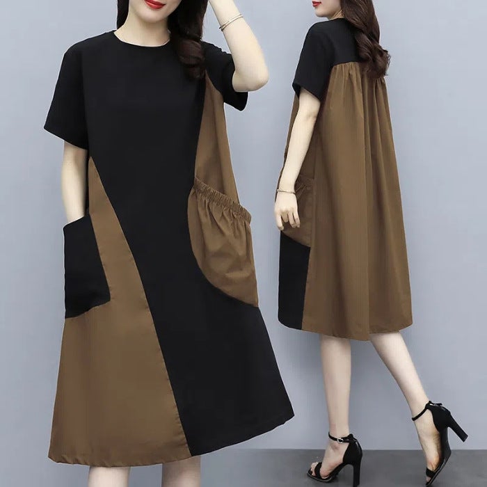 Summer New Contrast Color Stitching Short-sleeved Dress Korean Style Large Size Loose Stylish Age-reducing Belly Covering Pocket Dress for Children Coffee