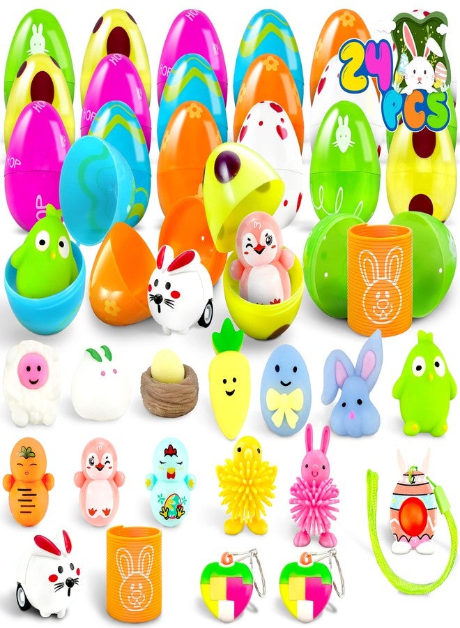 LINAYE 24 Packs Prefilled Easter Eggs with Toys Inside - Pre Filled Stuffed Easter Eggs with Pull-Back Cars, Mochi Toys for Egg Hunt, Basket Stuffers Gifts for Kids - Image 1