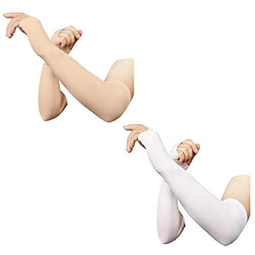 Dressify®High Performance Fingure Arm Sleeves for Athletic Fingure Arm Sleeves Perfect for Cricket, Bike Riding,Cycling Lymphedema, Basketball, Baseball, Running & Outdoor Activities (Beige + White) - Image 1