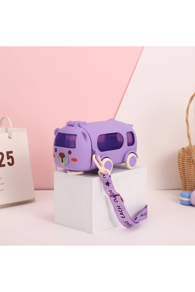 يونيكورن زجاجة ماء للأطفال بسعة 500 مل على شكل حافلة كرتونية مع حزام حمل – مثالية للسفر والمدرسة - Image 1